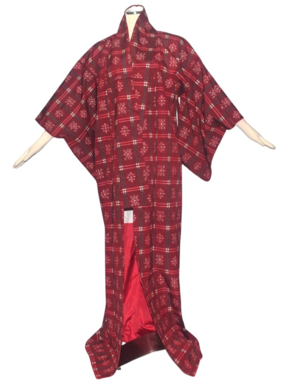 Vintage Burgundy Red Plaid Ikat Kimono Japanese Izutsuya Label L XL